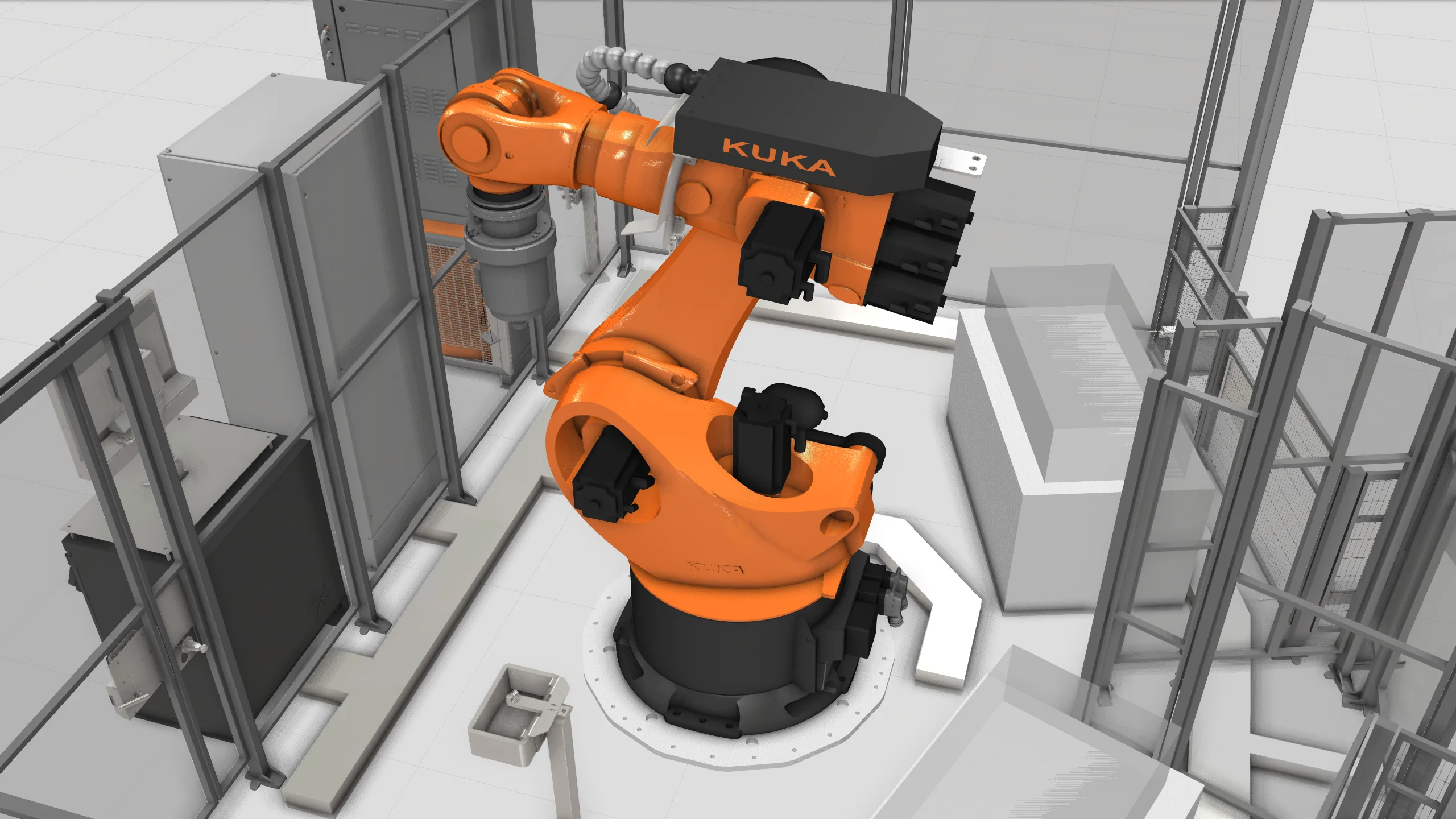 Промышленный робот KUKA внутри интегрированной производственной ячейки